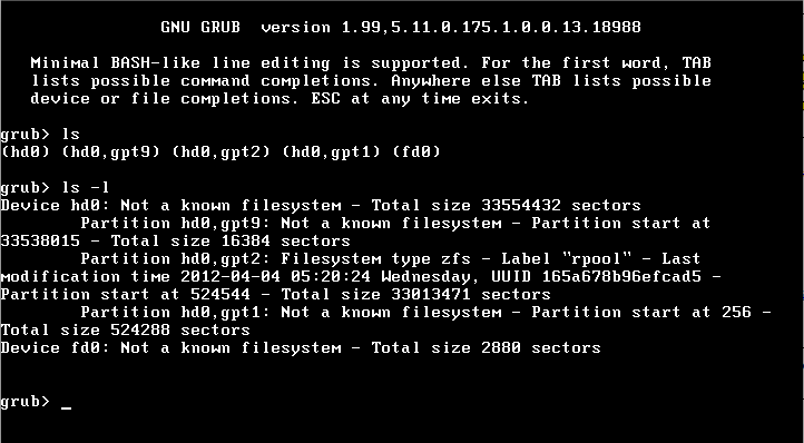 image:Figure of GRUB 2 command interpreter screen showing command output displaying devices that GRUB has identified.