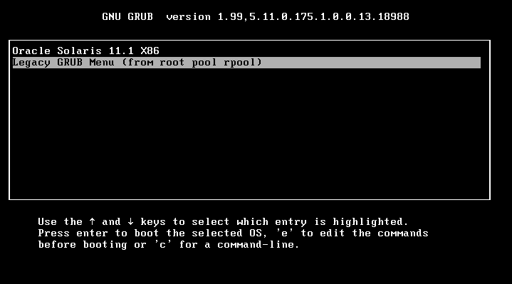 image:Figure that shows the GRUB Legacy submenu entry in the GRUB 2 main menu on an upgraded system.