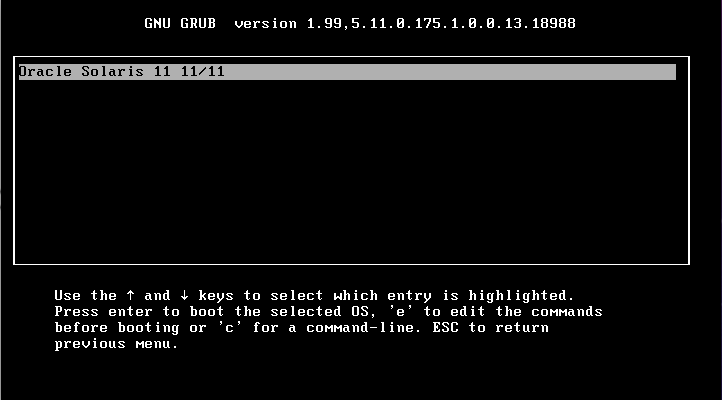 image:Figure of the GRUB 2 main menu displaying the new Oracle Solaris entry.