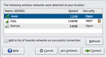 image:Graphic of the Wireless Chooser dialog to select a wireless network.