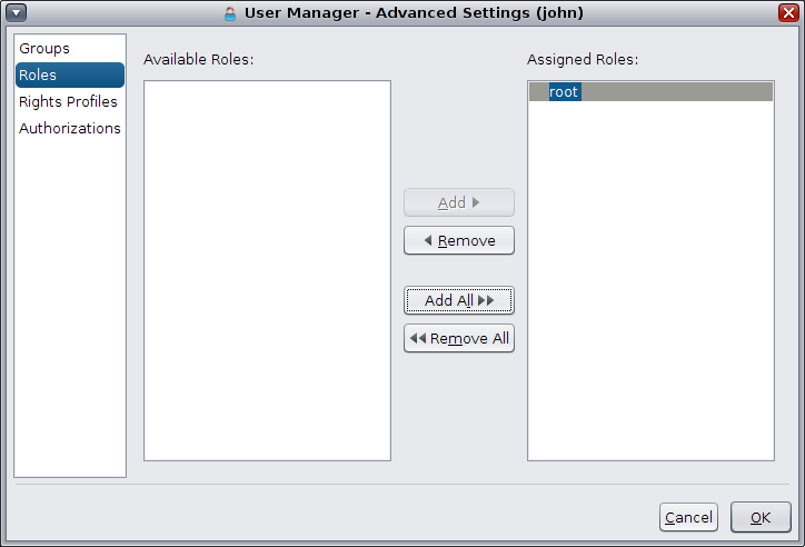 image:This figure shows the Advanced Settings dialog, from which you can administer advanced security attributes for a user.