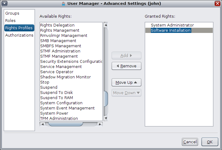 image:This figure shows available and granted rights for a user. Click Rights Profiles on the left hand side of the Advanced Settings dialog to access.