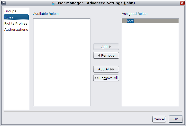 image:This figure shows available and assigned roles for a user. Click Roles on the left hand side of the Advanced Settings dialog to access.