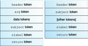 image:Graphic shows two typical audit record structures. The kernel record contains data tokens. Both records include an slabel token.