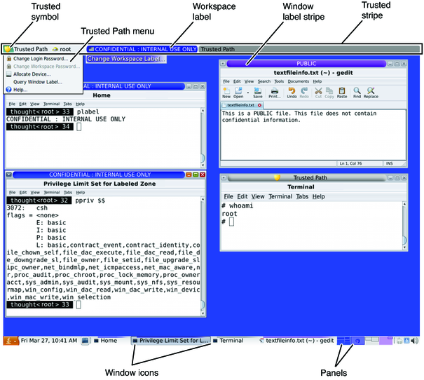 image:Screen shows labels on windows and panels, the trusted stripe with the trusted symbol and workspace label.