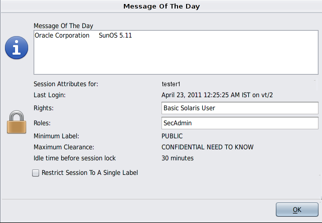image:Window shows date and time of the user's last login, Message Of The Day, and session attributes. Shows a single-level session button.